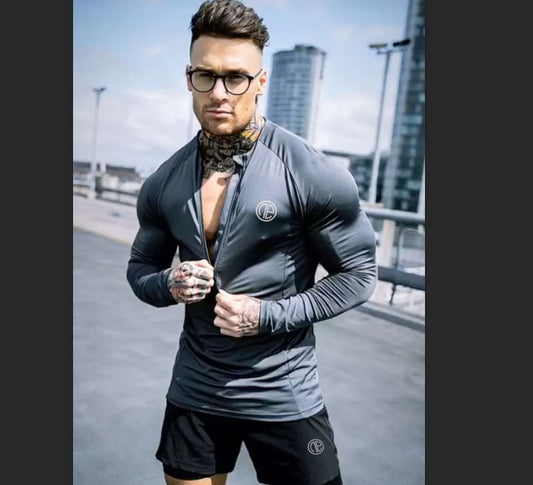 Men's Black Long Sleeve Zipper Neck Fitness Shirt